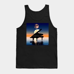 A Piano Sitting On Water At Dusk With 2 Planets In The Background. Tank Top